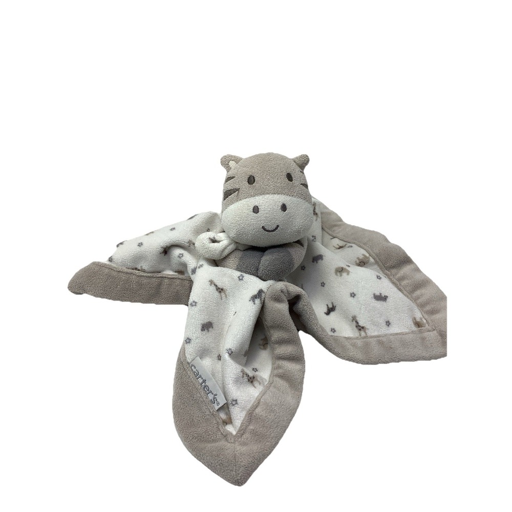 Carter's Gray Zebra Security Blanket Lovey w/ Elephant Giraffe Star 13.5"x13.5"